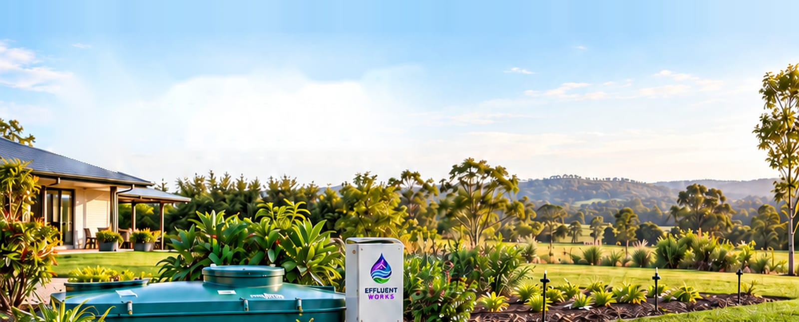 A home treatment plant with its control box in a well-kept Queensland garden, with green paddocks and hills behind